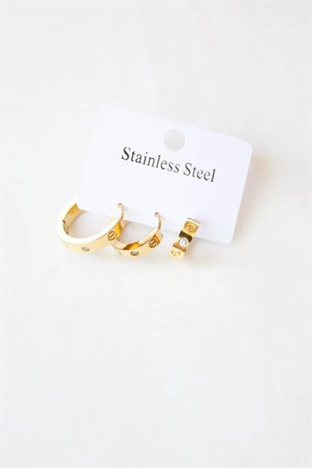 shopwave 3-Piece Stone Steel Hoop Earrings - Gold