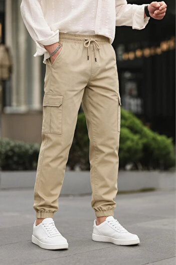 DAMGA JEANS Men's Elastic Cargo Pocket Cream Jogger Pants