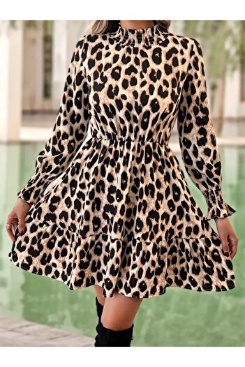 Modayakamoz New Season Women's Long Sleeve Semi-Turtleneck Leopard Print Modal Mini Dress