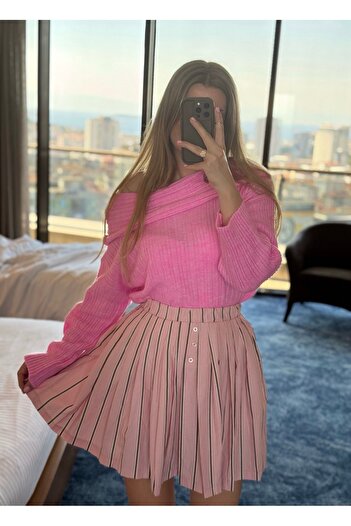 Store Striped Patterned Button Detailed Elastic City Boy Shorts Skirt