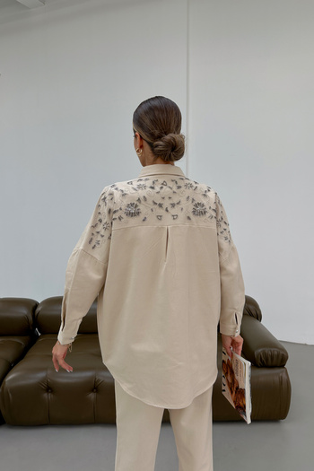MİA NOURA Women's Embroidered Front and Back Gabardine Shirt and Pants Set