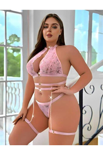 lovenue lingerie Large Size Pink Lace Embroidered Chain Detailed Garter Set
