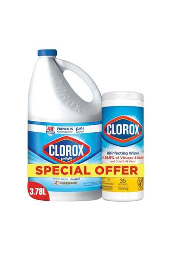 Clorox Bleach Liquid Original Scent And Disinfecting Wipes Crisp Lemon 3.78L + 35 Wipes