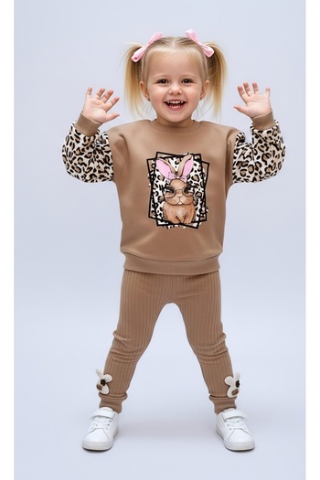 Beray Bebe Girls' Set with Leopard Patterned Sleeves and Rabbit Printed Ribbed Leggings