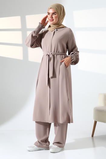 ihvanonline Women's Linen Hajj and Umrah Clothing Belted Hijab Two-Piece Set - Mink
