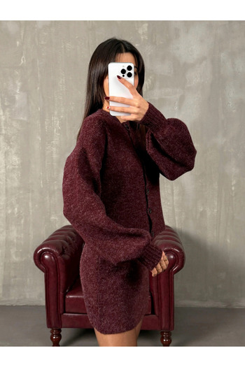 My Blog Burgundy Cardigan and Skirt Knitwear Set - 00377
