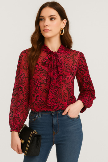 Rich Women's Red Chiffon Blouse Shirt – Patterned Model with Scarf Detail