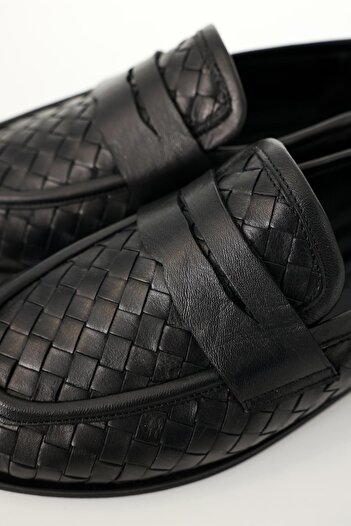 5in1Canpolat Black Leather Knitted Loafer 43702