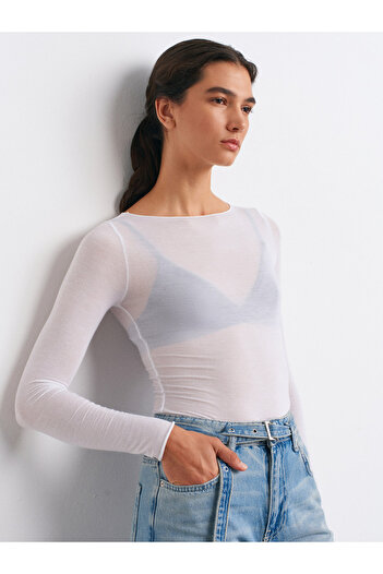 Dilvin 32122 Boat Neck Modal Cashmere Ultra Light Blouse-White