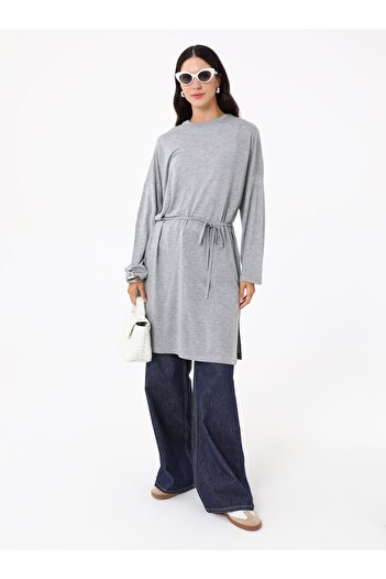 Benin Comfortable Fit Tie-Waist Long Tunic - Gray Melange -