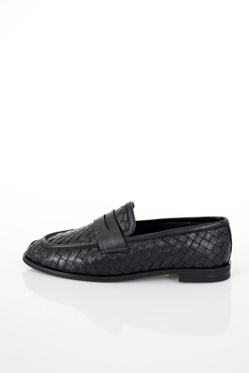 5in1Canpolat Black Leather Knitted Loafer 43702