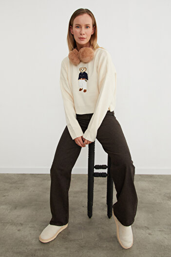 Fulla Moda Ayıcık Nakışlı Oversize Crop Kazak