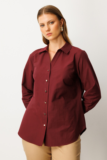 Ekol Women's Plus Size Button Front Polo Neck Shirt 3549 Burgundy