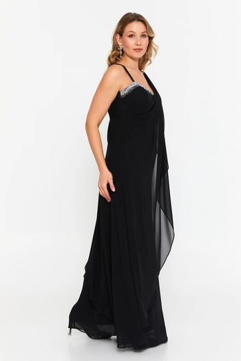 ŞEREF VURAL Women's Plus Size Sleeveless Stone Detailed Long Evening Dress 6671 Black