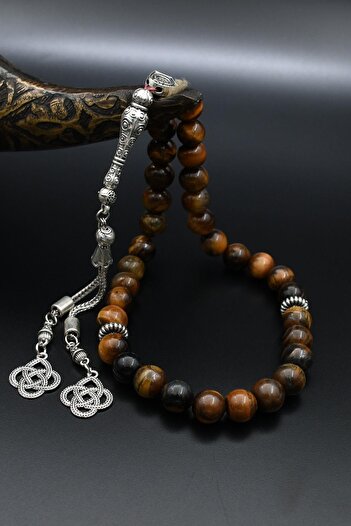 Prestige Natural Tiger's Eye Stone 33-Bead Rosary with Metal Tassel 10mm Sphere Cut 902239