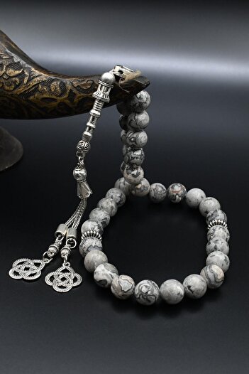 Prestige Natural Gray Jasper Stone 33 Beads Prayer Beads with Metal Tassel 10mm Sphere Cut 902251