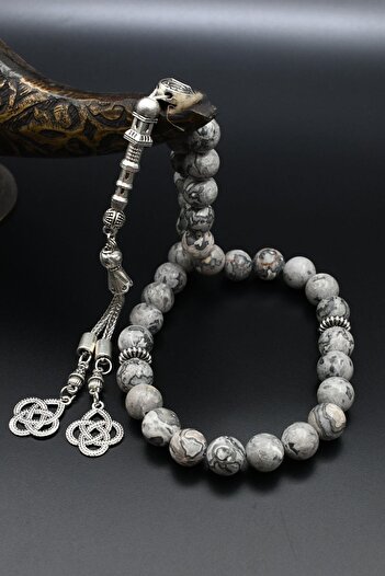 Prestige Natural Gray Jasper Stone 33 Beads Prayer Beads with Metal Tassel 10mm Sphere Cut 902251