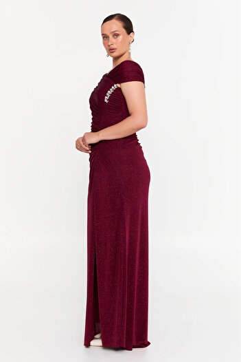 ŞEREF VURAL Women's Plus Size Glitter Deep Slit Maxi Evening Dress 8210 Burgundy