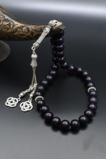 Prestige Natural Amethyst Stone 33-Bead Prayer Beads with Metal Tassel 10mm Sphere Cut 902243