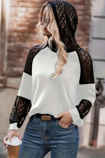 Mossta Lace Detailed Hooded Viscose Two Thread Blouse - White