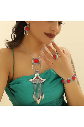 byozanyılmaz Blue and Red Stone Design Necklace Earring Set Set