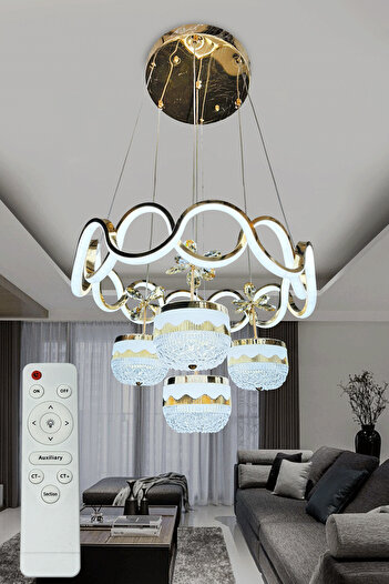 DEKORLİVE Drift 4 Top Taç İthal Modeli Modern Sarkıt Led Salon & Oturma Odası Avizesi