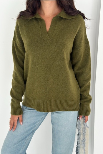 FEMELLE Khaki Women's Polo Neck Oversize Knit Sweater - Standard Size Soft Texture
