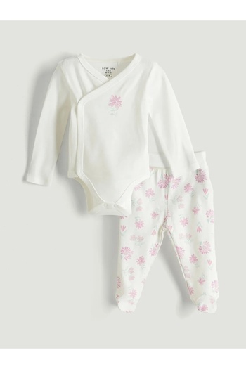LC Waikiki Baby Ecru Floral Patterned 100% Cotton Baby Girl Hospital Discharge Set