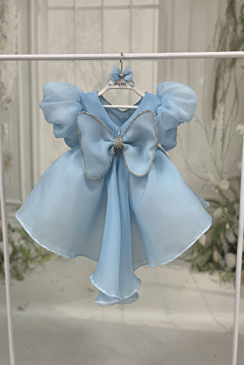 Bertuğ Bebek Baby Blue Balloon Sleeve Embroidered and Beaded Evening Dress with Tail and Bow Detail