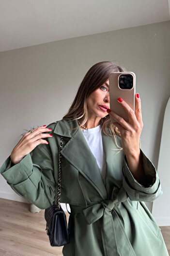 Sue Store Оверсайз-пальто з підкладкою, з розрізом і поясом Olive
