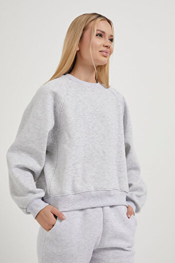 Arma Life Women's Ribbed Crew Neck Gray Basic Sweatshirt