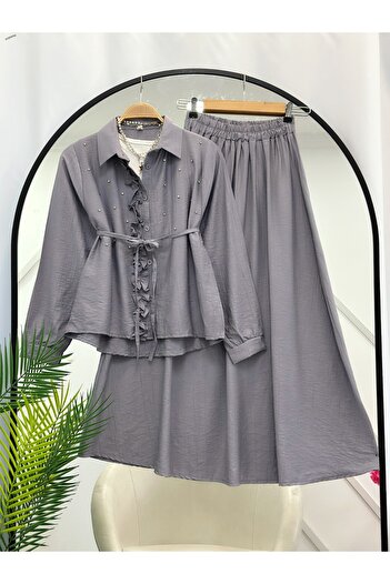 YEDİLALE Sav.Aroski̇ Stone-Embellished Waist-Tie Shirt Skirt Dual-Piece Set [38-46 Size Range]