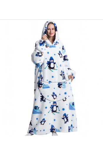WildFashion Long, fluffy lounge dress with penguin print and attached hood PJM265-2 Universal