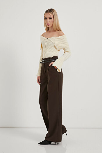 Arma Life Women's Double Belt High Waist Coffee Palazzo Pants