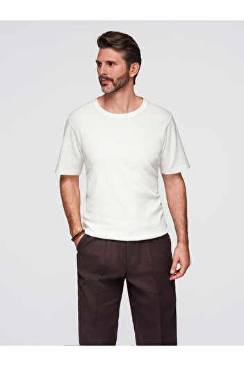 OMBRE Herren T-Shirt mit Waffelstruktur und Rundhalsausschnitt - gebrochenes Weiß V1 OM-TSCT-0197 XXL