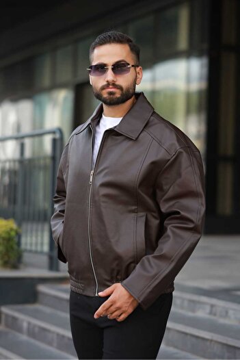 KOCCI Ανδρικό δερμάτινο μπουφάν New Season Oversize Bomber Style Classic Collar Trend