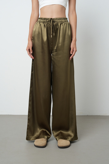Orfeo Negro Women's Khaki Color Plain Satin Wide Leg Elastic Waist Trousers