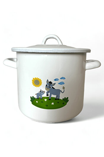Emailul Enamel pot with lid, decoration with gray donkeys
