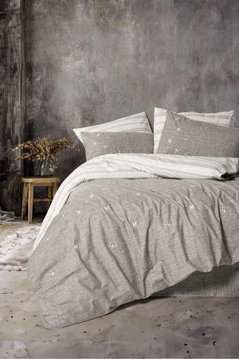 Cotton Box Klein Embroidered Double Duvet Cover Set Moke Brown