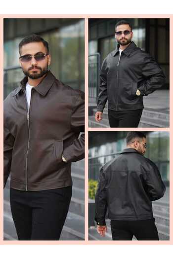 KOCCI Ανδρικό δερμάτινο μπουφάν New Season Oversize Casual Cut Classic Collar Trend