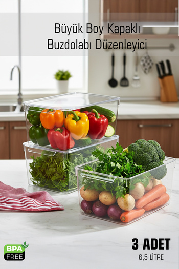 FİTHOME Frostybox Large Size Refrigerator Organizer with Lid & Inside Cabinet Organizer Set 3 Pieces