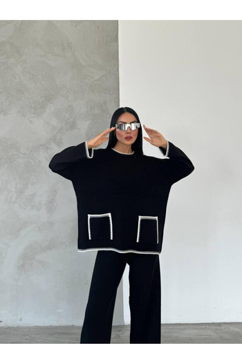 Bliss Women's Double Pocket Stitching Detailed Knitwear Set Comfortable Fit Bottom Top Knitwear Set
