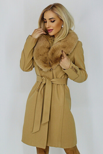 FashionForYou Exclusive wool coat, with fur collar and drawstring at the waist, Beige, 42