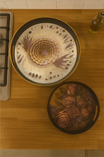 SİHİRLİ AYAKLAR Asorti Set of 2 Round Presentation Trays Stylish Decorative Serving Tray 28cm and 35cm