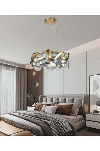 RFAN Chandelier, Model H98022/500, Crystal Texture, Metal, 6 X E14, Gold