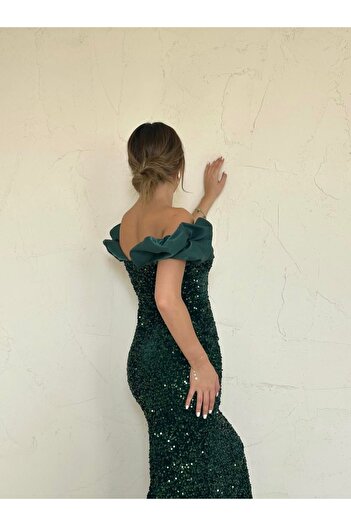 Afiş Butik Zümrüt Yeşili Payetli Düşük Omuz Midi Elbise