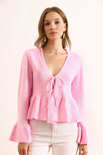 Olalook Women's Pink Front Lace-Up Soft Textured Spanish Sleeve Cardigan Hrk-19000395