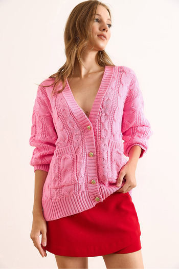 Olalook Women's Pink Gold Buttoned Pocketed Casual Knit Cardigan Hrk-19000392