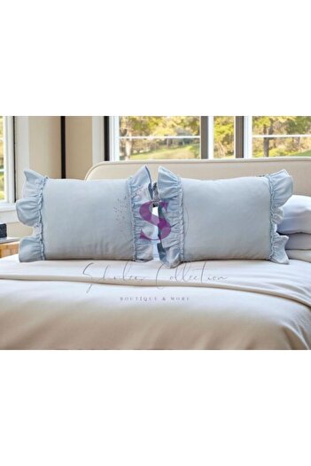 shules collection Blue Linen Bohemian Ruffled Vintage 2-Piece Rectangular Throw Pillow Cover