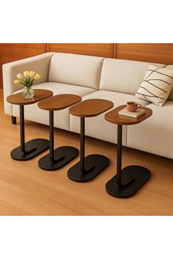 Crestj Set of 4 Service Tables with Brown Wooden Top and Black Base - Elegant and Practical Design